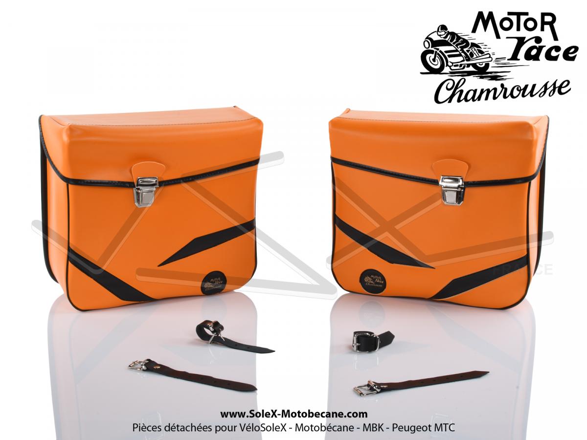 Sacoches C03 Orange Mandarine - Finitions noires - Fixation par sangles  cuirs - "Chamrousse" - pour Mobylette Motobécane / MBK / Peugeot (tous  modèles) (la paire) - Partie Cycle - Pièces pour Mobylette MOTOBECANE / MBK  - Solex-Motobecane