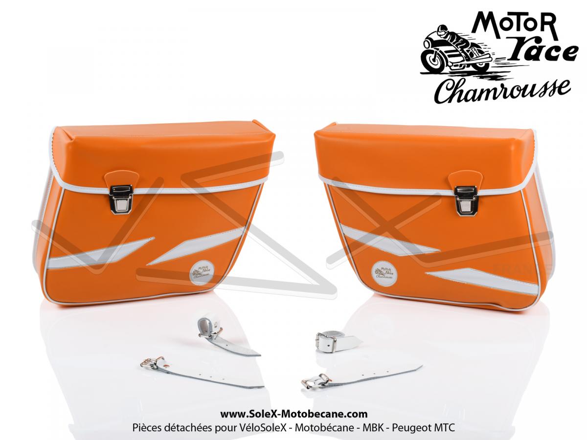 Sacoches "Chamrousse" C01 Oranges (finitions blanches) inclinées - Fixation  par sangles cuir - (la paire) - Partie Cycle - Pièces pour Mobylettes  MOTOBECANE / MBK - Solex-Motobecane