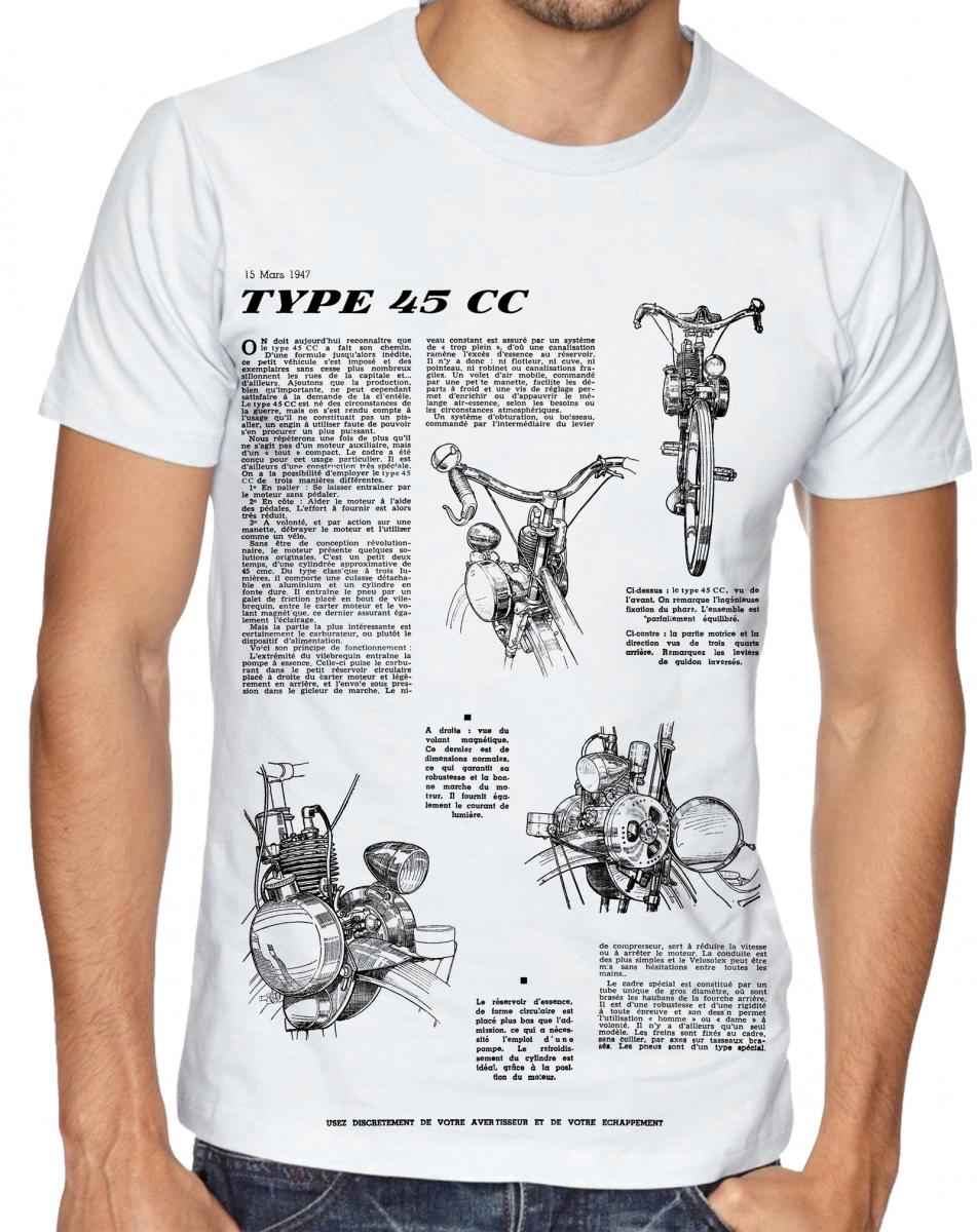 T-shirt blanc "Type 45cc - 4 vues" - Taille S - Produits dérivés / Goodies  : Casquettes / T-shirts... - Pièces pour VELOSOLEX - Solex-Motobecane