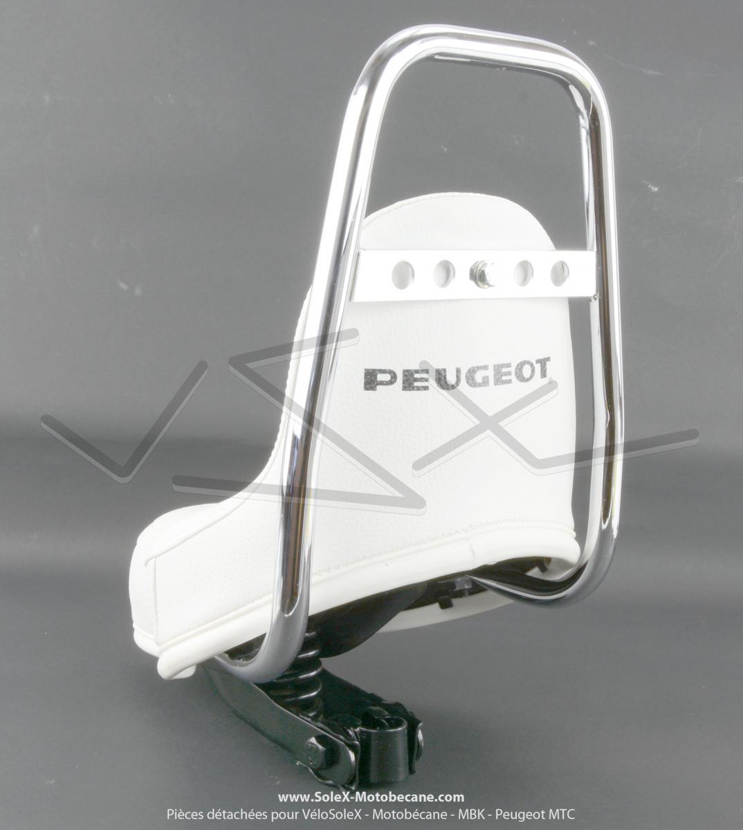 Selle Chopper Blanche - sérigraphie "Peugeot" noire - dosseret Chromé -  pour Peugeot 103 - Partie Cycle - Pièces pour PEUGEOT 101 / 102 / 103 / 104  / BB... - Solex-Motobecane